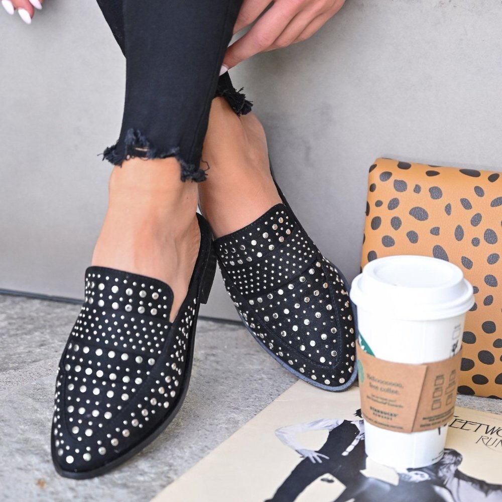 Beast Fashion Dottie NWOB Black Faux Suede Silver Studded Pointed Mules Shoes